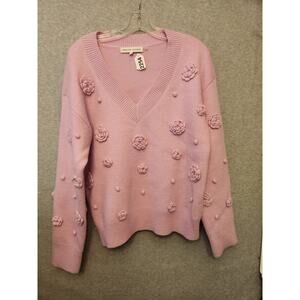 English Factory 3D Flower Sweater Womens Large V-Neck Acrylic Blend Knit‎ Pink